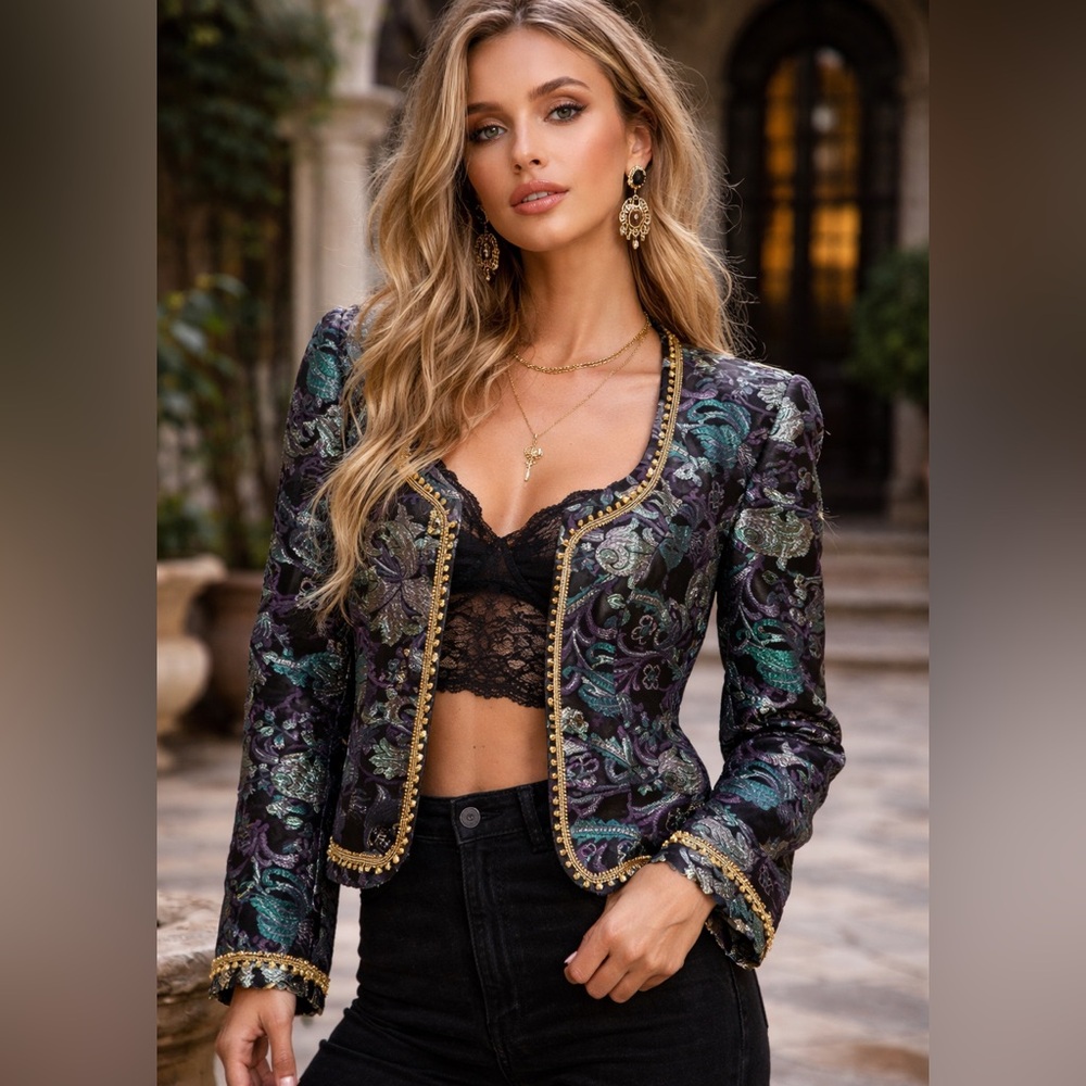 VTG Cachet Metallic‎ Brocade Baroque Blazer Jacket Whimsigoth Glam Maximalist